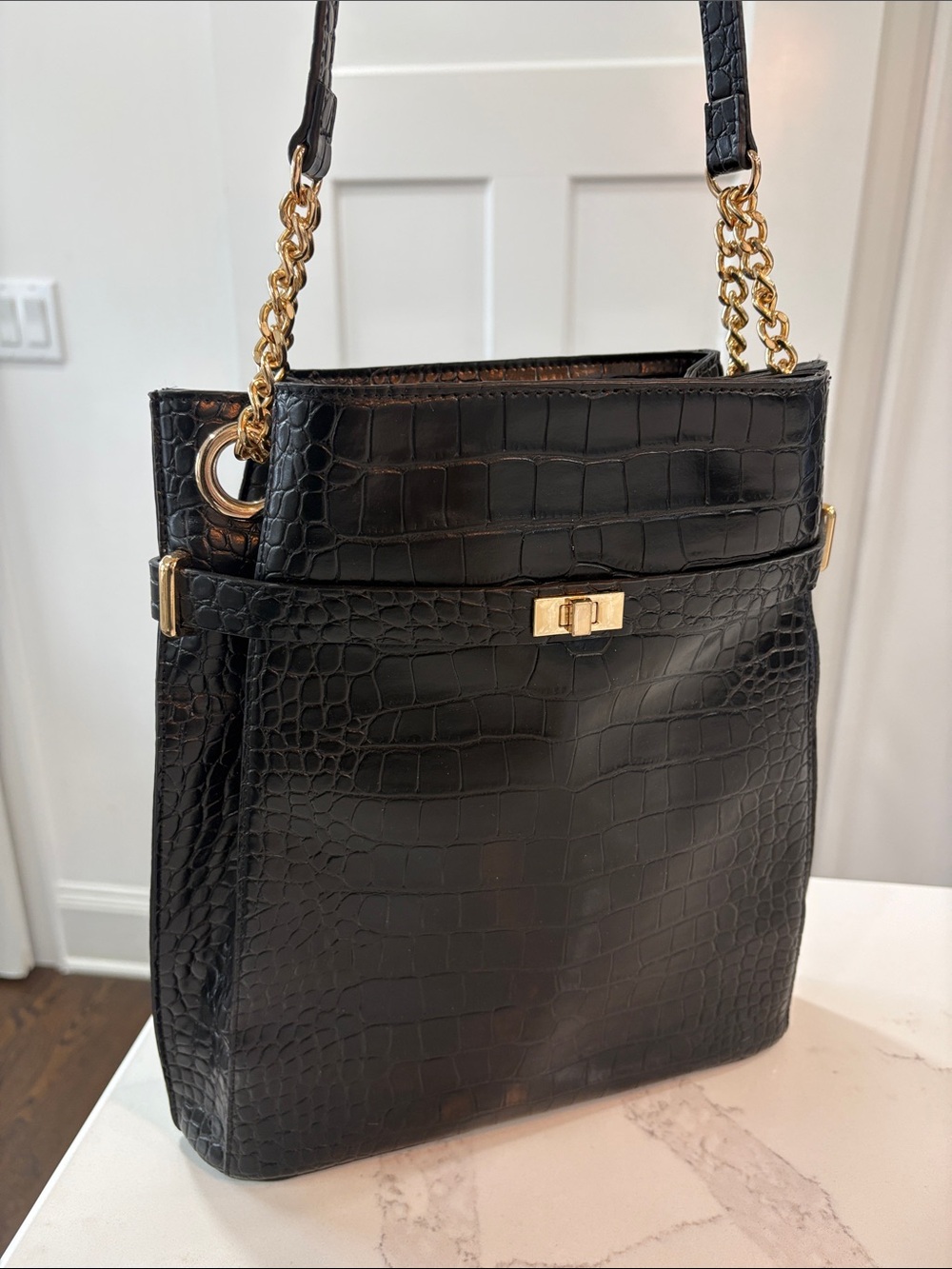 Ann Taylor Black Croc-Embossed Leather Shoulder Bag with Gold Hardware
